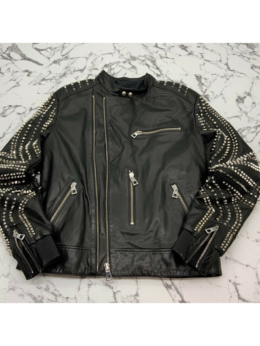 Men's Black Silver Motorcycle Lambskin Genuine Leather